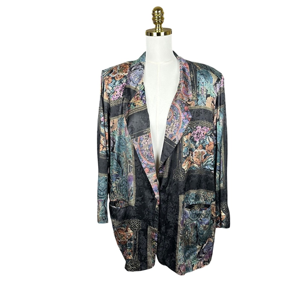 Fitting Image Vintage 90s Floral‎ Patchwork Satin Open Front Blazer Jacket Black
